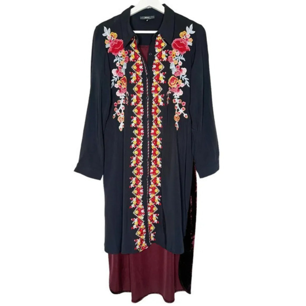Andree by Unit Boho Embroidered Velvet Button Up Shirt‎ Dress Size Small
